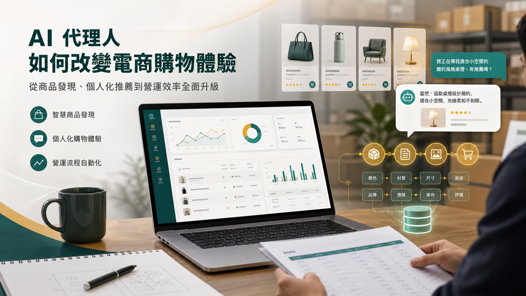 AI Agent、電商商品資料與搜尋推薦流程示意圖