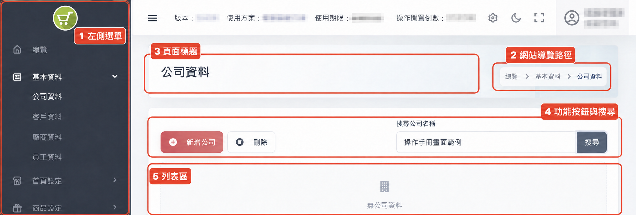 後台主要畫面位置標示