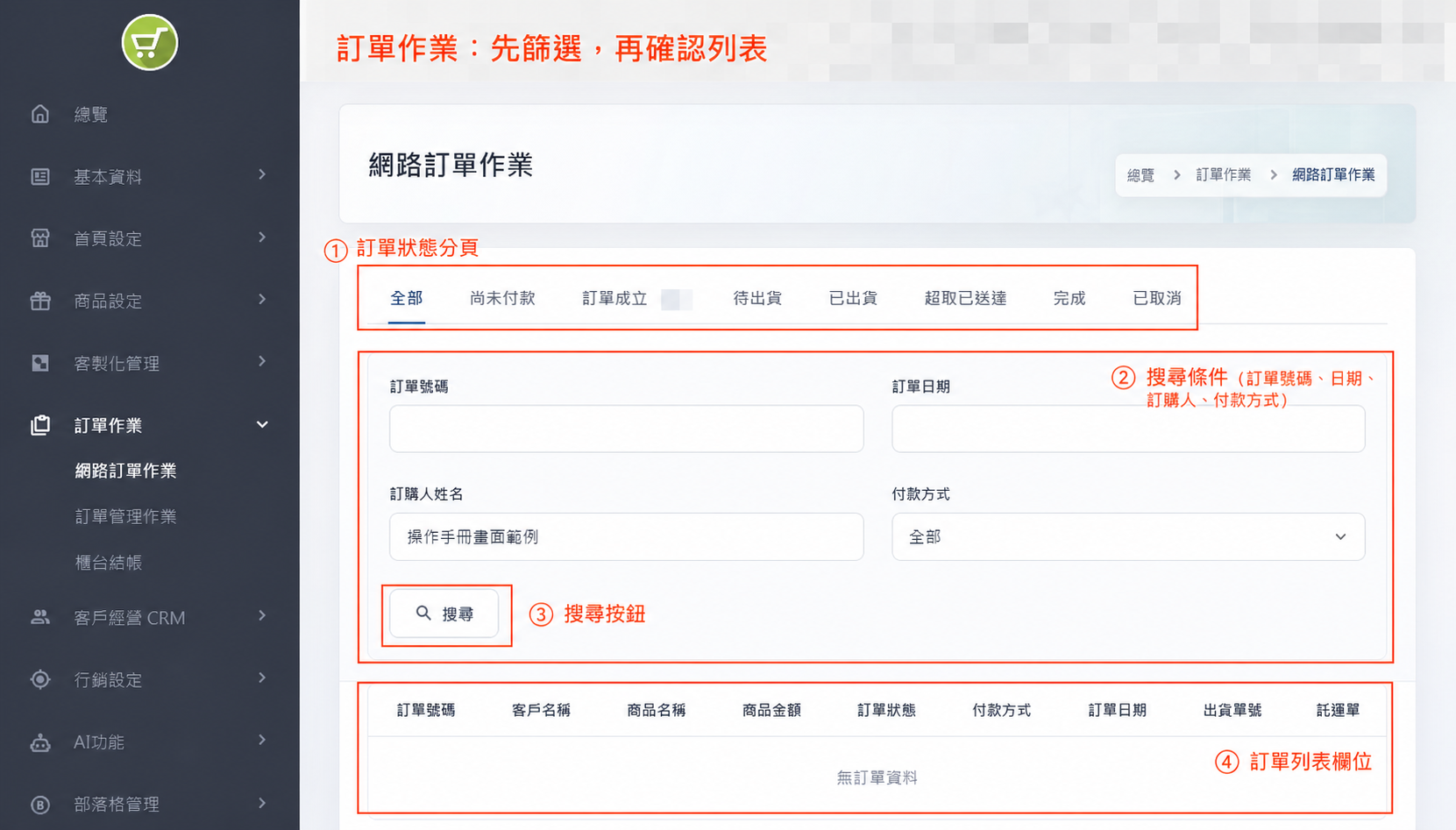 網路訂單查詢畫面位置標示