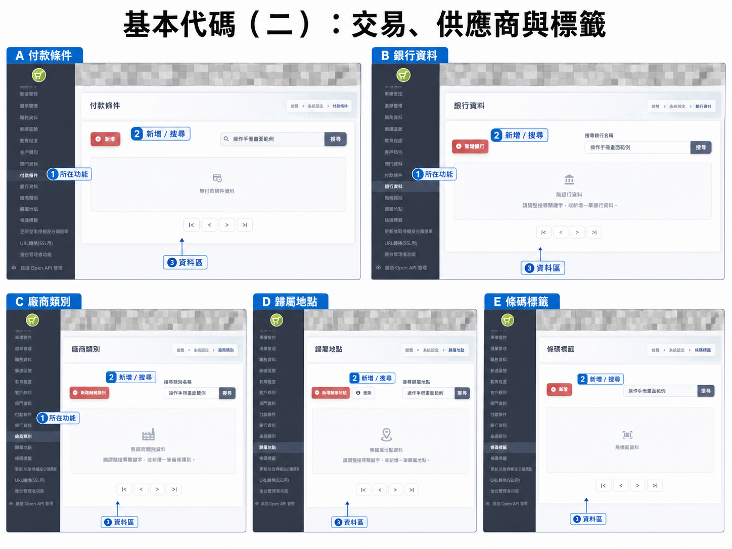 付款條件、銀行、廠商類別、歸屬地點與條碼標籤畫面